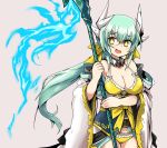  1girl :d aqua_hair bangs bare_shoulders bikini bow breasts cleavage cowboy_shot dragon_girl dragon_horns eyebrows_visible_through_hair fate/grand_order fate_(series) furrowed_eyebrows hair_between_eyes hair_bow holding holding_naginata holding_weapon horns japanese_clothes kiyohime_(fate/grand_order) kiyohime_(swimsuit_lancer)_(fate) legs_together long_hair medium_breasts multiple_hair_bows n36hoko naginata off_shoulder open_mouth polearm smile solo swimsuit twintails weapon white_horns wide_sleeves yellow_bikini yellow_bow yellow_eyes 
