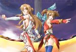  2girls alternate_costume arm_warmers artist_request ass asuna_(sao) bare_shoulders breasts brown_eyes brown_hair detached_sleeves fingerless_gloves gloves half_updo long_hair multiple_girls no_bra open_mouth panties pina_(sao) red_eyes short_hair silica sword sword_art_online thighhighs twintails underwear weapon 