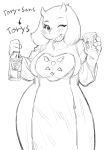  4_fingers absurd_res alcohol aruurara beverage big_ears blush boss_monster bovid caprine clothed clothing cute_fangs english_text eyelashes female floppy_ears front_view fully_clothed hi_res holding_object horn mammal one_eye_closed open_mouth open_smile robe simple_background smile standing text toriel undertale video_games white_background wide_hips wink 