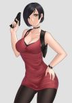  1girl ada_wong aori_sora bangs black_choker black_hair bob_cut breasts brown_eyes choker cleavage contrapposto cowboy_shot dress eyebrows_visible_through_hair gluteal_fold grey_background gun hand_on_hip handgun highres holding holding_gun holding_weapon large_breasts looking_at_viewer pantyhose parted_lips red_dress resident_evil resident_evil_2 short_dress short_hair solo swept_bangs watch weapon wristwatch 