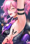  1girl arm_up armpits bangs bare_shoulders blush breasts chains collarbone earrings eyelashes hair_between_eyes hand_gesture heart heart_earrings highres idolmaster idolmaster_cinderella_girls infinote jewelry jougasaki_mika long_hair looking_at_viewer medium_breasts necklace one_eye_closed pink_hair ring sidelocks smile solo sweat twintails v vest yellow_eyes 