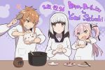  3girls apron bangs birthday blunt_bangs blush braid brown_eyes brown_hair character_name chopsticks collared_shirt cooking dated english_text eyebrows_visible_through_hair food hair_between_eyes happy_birthday highres holding holding_food japanese_clothes kappougi ladle long_hair multicolored_hair multiple_girls one_side_up onigiri open_mouth pink_hair plate pot puffy_sleeves rice salt sasaki_mitsuru satsuki_yomi shidou_maki_(toji_no_miko) shirt short_hair single_braid smile toji_no_miko tsubakuro_yume two-tone_hair white_hair 