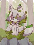  1girl animal_ear_fluff animal_ears bangs bell bell_collar bush collar day eyebrows_visible_through_hair forest fox_ears fox_girl fox_tail hair_between_eyes hair_bun hair_ornament highres jingle_bell kemomimi-chan_(naga_u) long_hair long_sleeves moss naga_u nature original outdoors sailor_collar sleeves_past_fingers sleeves_past_wrists solo statue tail tree 