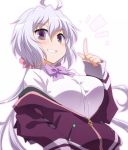  /\/\/\ 1girl ahoge bow color_connection commentary_request cosplay grin index_finger_raised jacket lavender_hair long_hair looking_at_viewer low_twintails purple_bow purple_eyes purple_jacket purple_neckwear school_uniform senki_zesshou_symphogear shinjou_akane shinjou_akane_(cosplay) shirt smile solo ssss.gridman twintails white_background white_shirt yoshi_tama yukine_chris 