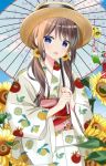  1girl :d bangs blue_eyes blue_sky blurry blurry_foreground blush brown_hair brown_headwear cloud commentary_request day depth_of_field eyebrows_visible_through_hair flower food_print hair_between_eyes hair_flower hair_ornament highres holding holding_umbrella japanese_clothes kimono lemon_print long_hair long_sleeves looking_at_viewer low_twintails obi open_mouth oriental_umbrella original outdoors print_kimono ryoutan sash sky smile snowflake_hair_ornament solo sunflower transparent transparent_umbrella twintails umbrella upper_body white_kimono wide_sleeves wind_chime yellow_flower 