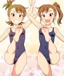  2girls :d bare_legs barefoot blue_swimsuit breasts brown_hair commentary_request feet futami_ami futami_mami green_scrunchie grin hair_ornament hair_scrunchie idolmaster idolmaster_(classic) leg_up light_blush looking_at_viewer multiple_girls no.gomensu one-piece_swimsuit open_mouth pink_eyes pov_feet scrunchie short_hair siblings side_ponytail small_breasts smile soles star starry_background swimsuit toes twins yellow_scrunchie 