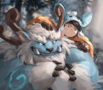  3_toes black_nose blue_eyes blue_fur clothing duo ear_tuft front_view fur gloves hat headgear headwear hi_res horn human league_of_legends lindong mammal nunu_(lol) riot_games snowball teal_eyes toes tuft video_games white_fur willump_(lol) yeti 