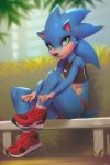  2019 anthro clothing crossgender detailed_background female footwear front_view green_eyes looking_at_viewer mammal miles_df mtf_crossgender navel shoes sitting solo sonic_(series) sonic_the_hedgehog 