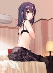  1girl back bangs bare_back bare_shoulders bed_sheet bedroom black_bra black_legwear blush bra commentary_request desk_lamp eyebrows_visible_through_hair from_above highres idolmaster idolmaster_shiny_colors indoors lamp long_hair looking_at_viewer looking_to_the_side morino_rinze on_bed open_bra open_clothes open_skirt pantyhose parted_lips pillow pink_eyes plaid plaid_skirt purple_hair purple_skirt shirt shirt_removed sitting sitting_on_bed skirt solo sweat takeume underwear white_shirt 