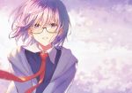  1girl bangs black-framed_eyewear blurry blush commentary_request depth_of_field eyebrows_visible_through_hair fate/grand_order fate_(series) glasses gradient gradient_background grey_jacket hair_between_eyes haru_(hiyori-kohal) jacket looking_at_viewer mash_kyrielight necktie open_clothes open_jacket parted_lips purple_background purple_eyes purple_hair red_neckwear short_hair smile solo upper_body 