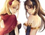  2girls aikoo arm_at_side back bangs bare_back bare_shoulders black_dress black_ribbon blonde_hair breasts brown_hair cape closed_mouth commentary_request crown dress dual_persona earrings ereshkigal_(fate/grand_order) eyebrows_visible_through_hair eyes_visible_through_hair fate/grand_order fate_(series) female from_behind hair_ribbon head_tilt highres hood hood_down hooded_cape hoop_earrings ishtar_(fate/grand_order) jewelry lips long_hair looking_at_viewer looking_back medium_breasts multiple_girls neck_ring parted_bangs red_cape red_eyes red_lips red_ribbon revealing_clothes ribbon serious sideboob simple_background smile strapless strapless_dress symmetry tohsaka_rin two_side_up type-moon upper_body white_background white_bikini_top 