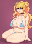  1girl absurdres areola_slip areolae bangs bare_arms bare_shoulders bikini blonde_hair blue_bikini blue_eyes blush choker collarbone drunkavocado eyebrows_visible_through_hair full_body galko hairbun highres long_hair nail_polish navel oshiete!_galko-chan parted_lips plump purple_background side_ponytail simple_background sitting solo swimsuit yokozuwari 