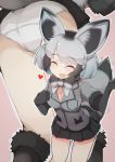  1girl :d ^_^ animal_ear_fluff animal_ears bat-eared_fox_(kemono_friends) black_gloves black_hair black_skirt bow bowtie chromatic_aberration closed_eyes elbow_gloves eyebrows_visible_through_hair eyes_closed fangs fox_ears fox_tail fur-trimmed_sleeves fur_trim gloves heart highres kemono_friends multicolored_hair multiple_views open_mouth outline panties pink_background pleated_skirt shirt silver_hair simple_background skin_fangs skirt smile solo tail teranekosu two-tone_hair underwear upskirt white_outline white_panties 