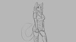  16:9 2019 anthro big_breasts blush breasts cheese_quesadilla clothed clothing domestic_cat felid feline felis female grey_background hair long_hair looking_at_viewer mammal monochrome portrait simple_background smile solo standing three-quarter_portrait watsup 