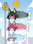  4girls animal_ear_fluff animal_ears animalization bangs blue_eyes blue_hair blue_sky blush cloud day eyebrows_visible_through_hair fish_girl fox_ears fox_girl fox_tail green_hair hair_between_eyes highres kemomimi-chan_(naga_u) koinobori long_hair multiple_girls naga_u original outdoors red_eyes red_hair sidelocks sky sun tail v-shaped_eyebrows 