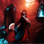  1:1 2018 anthro blood breasts cane canid canine canis cape chest_tuft cleavage clothed clothing detailed_background dress fangs female fur graveyard hair hi_res holding_object jewelry keidran looking_at_viewer mammal moon necklace night outside red_eyes red_hair roselyn_(twokinds) solo tom_fischbach tuft twokinds vampire webcomic white_fur wolf 