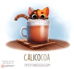  beverage black_eyes brown_fur coaster cocoa_(drink) cryptid-creations cup domestic_cat felid feline felis female feral fur humor mammal orange_fur pun solo visual_pun whiskers white_fur 