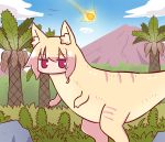  1girl animal_ear_fluff animal_ears animalization bangs blonde_hair blue_sky blush bush cloud day dinosaur eyebrows_visible_through_hair fox_ears hair_between_eyes highres kemomimi-chan_(naga_u) long_hair looking_at_viewer meteor mountain naga_u original outdoors palm_tree red_eyes sidelocks sky solo tree tyrannosaurus_rex 