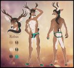  anabel anthro antlers blue_eyes brown_fur brown_hair bulge butt cervid clothed clothing ear_piercing fur hair hoofprint hooves horn jockstrap looking_at_viewer male mammal model_sheet mostly_nude piercing robin_(lafayel) solo standing tan_fur topless underwear 