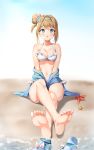  1girl absurdres barefoot beach bikini blonde_hair blue_eyes blush breasts cleavage commentary eyebrows_visible_through_hair feet frilled_bikini frills girls_frontline hair_ornament highres jacket legs_crossed looking_at_viewer medium_breasts navel open_mouth pov_feet qoray7 sand sandals sitting snowflake_hair_ornament soles starfish suomi_kp31_(girls_frontline) swimsuit toes water 