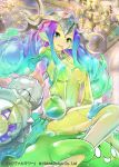  1girl breasts cape creature crown goo_girl green_skin looking_at_viewer medium_breasts monster_girl moon multicolored_hair open_mouth rainbow rainbow_hair shinkai_no_valkyrie slime slime_queen smile staff uro_(oolong) 
