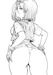  1girl android_18 ass bottomless dragon_ball earrings female from_behind gloves huge_ass jewelry looking_back monochrome pon short_hair solo 