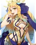  1girl astraea_(fate/grand_order) bangs bare_shoulders blonde_hair blue_background blue_bow blue_hair border bow breasts center_opening cleavage crown drill_hair fate/grand_order fate_(series) gradient gradient_background gradient_hair hair_bow large_breasts leotard long_hair looking_at_viewer luviagelita_edelfelt multicolored_hair open_mouth ribbon simple_background smile solo tsuedzu very_long_hair white_background white_border yellow_eyes 