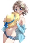  1girl bikini bikini_bottom blue_eyes blush breasts brown_hair closed_mouth covering covering_breasts cowboy_shot denim denim_shorts dutch_angle flower hair_flower hair_ornament hat highres jacket looking_at_viewer love_live! love_live!_sunshine!! navel off_shoulder open_clothes open_jacket open_pants rozen5 short_hair short_shorts shorts side-tie_bikini simple_background sleeves_past_wrists small_breasts smile solo straw_hat sun_hat swimsuit topless watanabe_you white_background white_bikini_bottom 