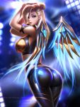  1girl armpits ass blonde_hair blue_eyes boobplate breastplate breasts detached_wings hands_in_hair headset highres k/da_(league_of_legends) k/da_kai&#039;sa-prestige_edition large_breasts league_of_legends liang_xing looking_at_viewer looking_back mechanical_wings mercy_(overwatch) microphone overwatch signature skin_tight tagme wings 