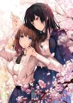  2girls :o arm_up ascot bangs belt black_belt black_hair black_legwear blazer blue_eyes blue_jacket blue_skirt blurry blurry_background breasts brown_hair cherry_blossoms commentary_request depth_of_field dress_shirt eyebrows_visible_through_hair fingernails flower hair_between_eyes hand_holding highres hirai_yuzuki interlocked_fingers jacket jacket_on_shoulders large_breasts long_sleeves looking_at_another medium_breasts multiple_girls open_blazer open_clothes open_jacket original parted_lips petals pink_flower red_eyes school_uniform shirt skirt striped striped_legwear tree_branch white_shirt yuri 