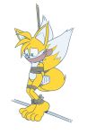  2_tails 3_toes barefoot bdsm bondage bound canid canine fox gag hi_res male mammal miles_prower multi_tail rope rope_bondage simple_background solo sonic_(series) tail_bondage toes whistleristler 