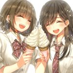  2girls :d ^_^ bangs blush bow brown_bow brown_hair brown_neckwear closed_eyes collared_shirt commentary_request diagonal-striped_neckwear diagonal_stripes dress_shirt eyebrows_visible_through_hair eyes_closed facing_viewer food hair_between_eyes holding holding_food ice_cream ice_cream_cone kawaku long_hair multiple_girls necktie open_mouth original round_teeth school_uniform shirt short_sleeves simple_background smile soft_serve sparkle striped striped_bow striped_neckwear teeth upper_body upper_teeth white_background white_shirt 