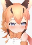  1girl absurdres animal_ear_fluff bare_shoulders black_hair blue_eyes blush bow bowtie caracal_(kemono_friends) caracal_ears close-up commentary_request deku_suke elbow_gloves embarrassed extra_ears eyebrows_visible_through_hair gloves highres kemono_friends light_brown_hair long_hair multicolored_hair nose_blush sidelocks sleeveless solo upper_body 
