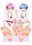  2girls barefoot bikini blue_bikini blue_eyes blue_hair blue_ribbon eyebrows_visible_through_hair eyes_visible_through_hair feet feet_together hair_ornament hair_over_one_eye hair_ribbon hand_on_own_face highres leafar looking_at_viewer multiple_girls pink_bikini pink_hair pink_ribbon pov_feet ram_(re:zero) re:zero_kara_hajimeru_isekai_seikatsu red_eyes red_ribbon rem_(re:zero) ribbon short_hair siblings sisters sitting smile soles swimsuit toes twins x_hair_ornament 