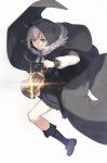  1girl boots cape fate_(series) gray_(lord_el-melloi_ii) green_eyes grey_cape grey_hair holding holding_lantern hood lantern long_sleeves looking_at_viewer lord_el-melloi_ii_case_files nagu solo white_background 