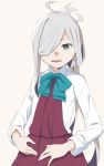  1girl ahoge asashimo_(kantai_collection) cowboy_shot grey_eyes hair_over_one_eye halterneck kantai_collection long_hair long_sleeves looking_at_viewer moti_coi ponytail school_uniform shirt silver_hair simple_background smile solo standing white_background white_shirt 