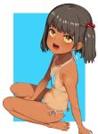  1girl absurdres arm_support bangs bare_arms bare_legs bare_shoulders barefoot between_legs bikini black_hair blue_background blue_bikini blush collarbone dark_skin fanbox_reward flat_chest from_side full_body hai_ookami hair_bobbles hair_ornament hand_between_legs highres long_hair looking_at_viewer looking_to_the_side navel open_mouth original outside_border paid_reward ribbon seiza side-tie_bikini simple_background sitting soles solo stomach string_bikini swimsuit tongue twintails upper_teeth white_ribbon yellow_eyes 