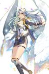  1girl angel angel_wings belt black_gloves black_legwear breastplate feathers fingerless_gloves gloves green_eyes kneehighs long_hair long_sleeves looking_at_viewer mariel_(soccer_spirits) official_art silver_hair skirt soccer_spirits solo standing thigh_strap tuuuh very_long_hair white_wings wings 