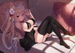  1girl :3 animal_ear_fluff animal_ears azur_lane babydoll bed black_legwear blush breasts brown_hair cleavage closed_mouth collar covered_nipples dog_collar dog_ears feet flower garter_straps hair_flower hair_ornament hand_up highres jjeono knees_up large_breasts legs_crossed lingerie long_hair looking_at_viewer lying navel no_shoes on_back on_bed pillow red_eyes red_flower shadow solo stomach thighhighs two_side_up underwear very_long_hair white_flower window_shade yuudachi_(azur_lane) 