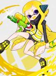  1girl :d bike_shorts black_footwear blonde_hair blush domino_mask fang glint headgear holding inkling long_hair long_sleeves mask nintendo open_mouth paint purple_eyes shichi_(ponpeex) shoes single_vertical_stripe smile solo sparkle splat_bomb_(splatoon) splatoon_(series) splattershot_(splatoon) squidbeak_splatoon suction_cups super_smash_bros. super_soaker tentacle_hair very_long_hair vest yellow_tongue yellow_vest 