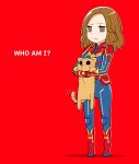  1girl :| bodysuit brown_eyes brown_hair captain_marvel carol_danvers cat chibi closed_mouth english_text expressionless forehead full_body goose_(marvel) holding holding_cat looking_at_viewer marvel red_background simple_background superhero tail_wagging yamanami_kousuke 