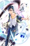  1boy ball black_hair blue_eyes choi_(soccer_spirits) clenched_hand dirty_face dog hair_between_eyes jacket male_focus off_shoulder pants shoes sneakers soccer_ball soccer_spirits solo standing torn_clothes tuuuh yellow_neckwear 