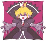 blonde_hair breasts cape crown dress earrings elbow_gloves fangs gloves high_collar inkerton-kun jewelry looking_at_viewer outstretched_arms paper_mario:_the_thousand_year_door princess_peach purple_dress purple_gloves red_eyes shadow_queen smile 