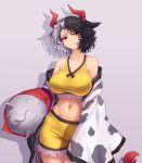  1girl animal_ears animal_print bare_shoulders black_hair breasts cleavage collarbone commentary cow_ears cow_horns cow_print crop_top english_commentary eyebrows_visible_through_hair grey_background hater_(hatater) head_tilt highres horns large_breasts light_smile looking_at_viewer midriff multicolored_hair navel off_shoulder orange_eyes short_hair shorts simple_background solo tail touhou two-tone_hair ushizaki_urumi white_hair 