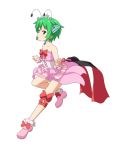  1girl :o alternate_costume antennae aqua_eyes bangs bare_arms bare_legs bare_shoulders bobby_socks bow brooch butterfly_wings cato_(monocatienus) choker collarbone commentary_request dress eyebrows_visible_through_hair flat_chest full_body green_hair head_wings jewelry leg_ribbon looking_at_viewer parted_lips partial_commentary pink_dress pink_footwear red_bow red_ribbon ribbon shoe_bow shoes short_dress short_hair sidelocks simple_background socks solo strapless strapless_dress thighs tiara touhou white_background white_legwear wings wriggle_nightbug wrist_cuffs 