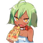  1girl ahoge animal_ears bangs bare_shoulders blue_shirt blush collar collarbone dark_skin dog_ears done_(donezumi) fang fingernails food green_hair hair_between_eyes holding holding_food looking_at_viewer nail_polish off-shoulder_shirt off_shoulder open_mouth orange_eyes original pink_nails pizza red_collar shirt simple_background slice_of_pizza solo titi-chan_(nezumi_inu) upper_body white_background 