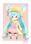  &gt;_&lt; 1girl animal_ear_fluff animal_ears aqua_hair bangs belt belt_buckle bike_shorts black_shorts blue_belt blush brown_background brown_footwear brown_headwear brown_jacket buckle chibi chita_(ketchup) collarbone copyright_request dress eyebrows_visible_through_hair eyes_closed full_body hair_between_eyes hair_ornament hat jacket kneehighs long_hair long_sleeves low-tied_long_hair open_clothes open_jacket outstretched_arm parted_lips pink_dress safety_pin shoes short_eyebrows short_shorts shorts shorts_under_dress signature sleeves_past_wrists smile solo standing striped striped_legwear thick_eyebrows two-tone_background white_background 