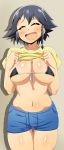  1girl :d beige_background bikini bikini_shorts black_bikini black_hair blue_shorts blush braid breasts commentary_request covered_nipples cowboy_shot drawstring eyebrows_visible_through_hair eyes_closed facing_viewer front-tie_bikini front-tie_top girls_und_panzer hair_tie hands_on_own_chest head_tilt highres kani_club large_breasts lifted_by_self micro_bikini navel open_mouth pepperoni_(girls_und_panzer) shadow shirt shirt_lift short_shorts short_sleeves shorts side_braid simple_background skindentation smile solo standing swimsuit t-shirt thigh_gap thighs yellow_shirt 