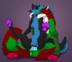  2019 4_toes anthro anthro_on_feral balls bestiality black_fur black_nose blue_fur canid canine canis cum cum_in_pussy cum_inside digital_media_(artwork) domestic_dog duo female feral fur green_fur hi_res male male/female mammal orange_eyes pawpads penis purple_eyes purple_pawpads red_fur sergeantyakirr sex simple_background teeth toes tongue 