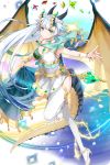  1girl aiolos_(soccer_spirits) aqua_eyes breasts cleavage dragon_horns dragon_tail dragon_wings dress earrings flower gem green_eyes head_wreath high_heels horns jewelry long_hair looking_at_viewer medium_breasts official_art pointy_ears skirt skirt_hold smile soccer_spirits solo standing standing_on_one_leg tail thighhighs tuuuh very_long_hair white_dress white_hair white_skirt wings 